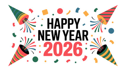 Happy New Year 2026: A vibrant and colorful design announces the arrival of the New Year, incorporating festive elements and cheerful typography, celebrating new beginnings and joyful celebrations.