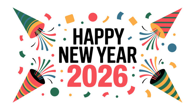 Happy New Year 2026: A vibrant and colorful design announces the arrival of the New Year, incorporating festive elements and cheerful typography, celebrating new beginnings and joyful celebrations.