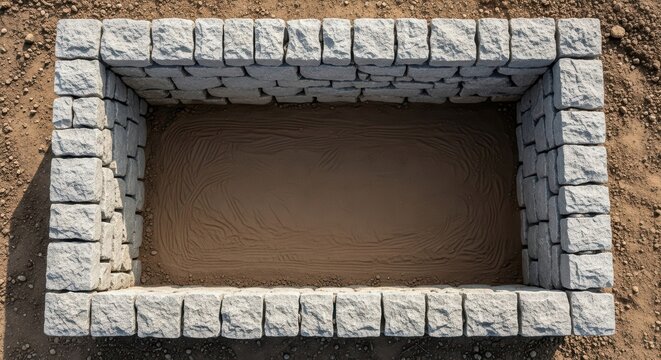 Rectangular stone brick foundation on dirt background
