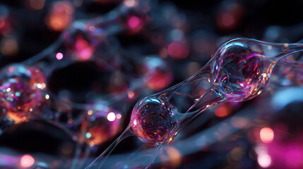 Abstract bioluminescent network of glowing cells and particles