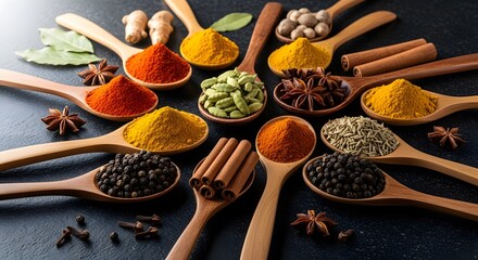 Assorted colorful spices and herbs on dark background in wooden spoons