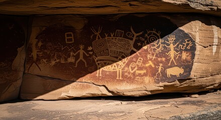 Ancient petroglyphs on rock wall in desert sunlight