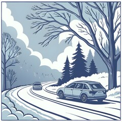 Winter Road Through the Frozen Forest