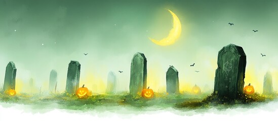 Eerie Halloween Graveyard with Glowing Jack-o'-Lanterns, Misty Green Sky, and Crescent Moon