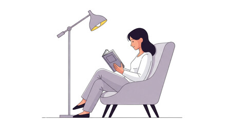 Woman engrossed in reading a book under a soft glow of a lamp.
