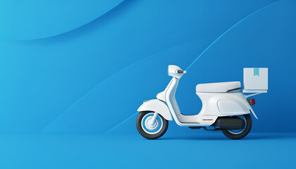 white delivery scooter with box on blue background for fast shipping service