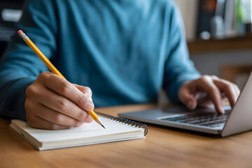 Close-up of a person writing in a notebook while using a laptop capturing a focused work or study session ideal for educational or business content