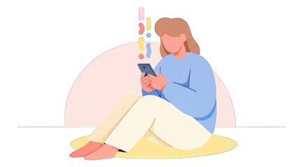 Woman engrossed in smartphone seated on floor surrounded by digital content.