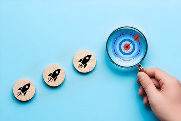Hand holding magnifying glass focusing on a target with arrow concept for business goals and success flat lay on blue background