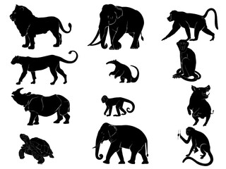 Silhouette of various wild animals, vector illustration, used for illustration work
