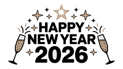 New Year Celebration 2026: An elegant illustration that wishes Happy New Year 2026. Sparkling glasses filled with bubbly and cheerful stars that symbolize joy and happiness in the new year. 
