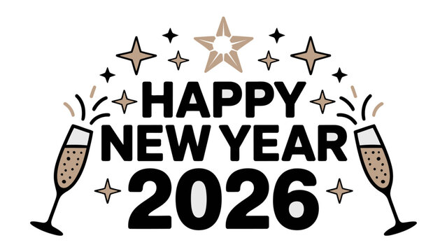 New Year Celebration 2026: An elegant illustration that wishes Happy New Year 2026. Sparkling glasses filled with bubbly and cheerful stars that symbolize joy and happiness in the new year. 