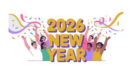 New Year Celebration 2026: A vibrant and colorful depiction of a diverse group of people celebrating the arrival of the year 2026 with confetti and streamers. A picture of optimism and hope.