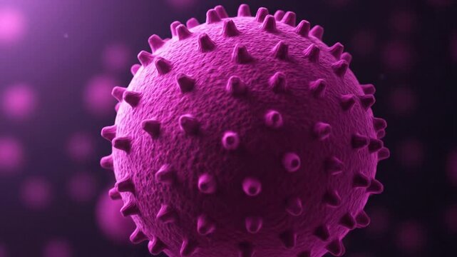 Artistic rendering of a spiky spherical pathogen in a violet hue against a backdrop of smaller