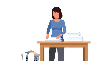 Woman Folding Laundry at Table with Basket.
