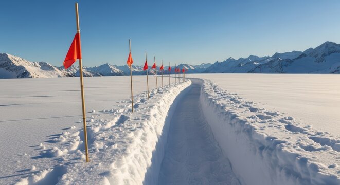 Snowy pathway with red flags in mountain landscape under clear blue sky