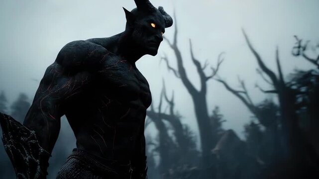 Demonic Figure Emerges from Misty Lake Under Full Moon