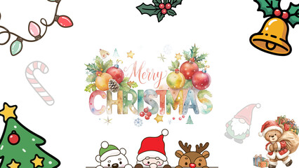 Festive Merry Christmas greeting with adorable cartoon characters, perfect for holiday invitations and cheerful seasonal promotions, bringing joy and whimsical charm to your designs