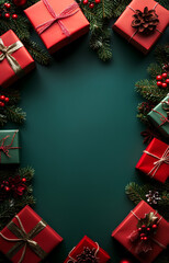 Christmas gifts and evergreen branches arranged around an empty green center space