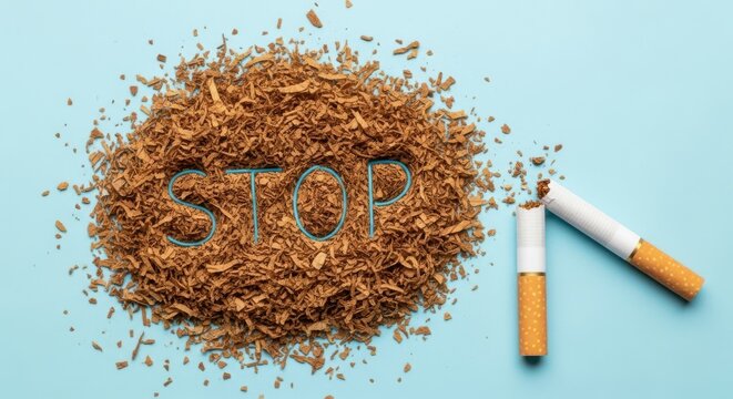 Stop smoking concept with loose tobacco and cigarettes on a blue background
