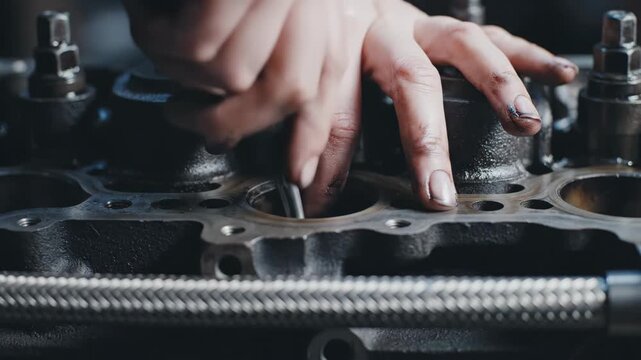 Mechanic Inspecting Engine Block During Automotive Repair Service.