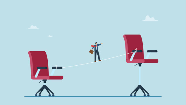 Businessman employee walk the line to higher job position chair. Career growth or job promotion, personal development and improvement, work responsibility challenge or ambition to be success.