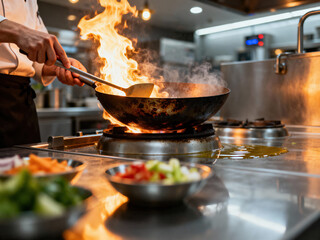 Professional Chef Stir frying in Fiery Wok with Fresh Ingredients in Commercial Kitchen