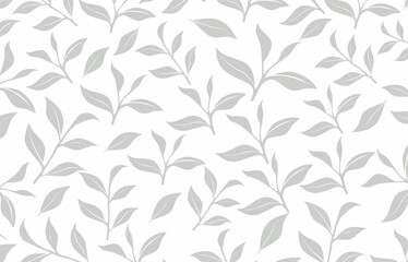 Elegant light gray tea leaf seamless pattern with clean botanical strokes. Great for packaging, branding, wallpaper, textiles, and natural-themed design projects.