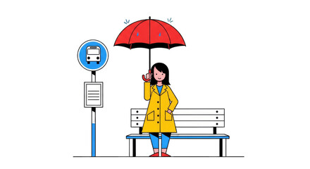Woman in a yellow raincoat holding a red umbrella at a bus stop.