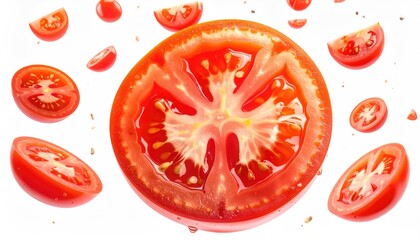 Fresh Red Ripe Tomato Slices Levitating Against a Clean White Background With Dramatic Studio Lighting Highlighting Juicy Texture
