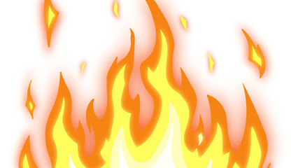 Fire flames burning brightly with glowing embers on transparent background
