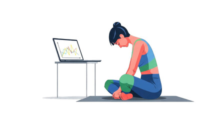 Woman Practicing Yoga with Laptop Guidance Focused on Wellness and Technology.