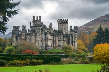 Fototapeta premium Grand Scottish castle surrounded by vibrant autumn foliage and green lawns