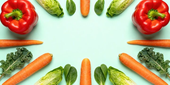 Anti-inflammatory diet - A colorful flat lay of bell peppers, carrots, and leafy greens on a solid pastel background, perfect for food-related content and vibrant visuals.