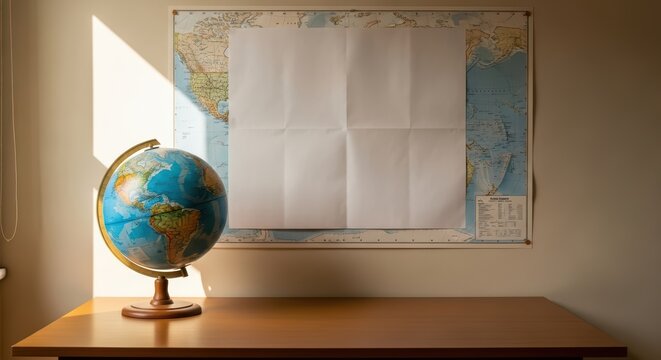 Classroom globe and blank map on wall highlighted by sunlight