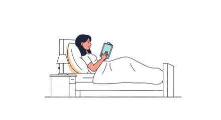 Woman Reading a Book in Bed at Night.