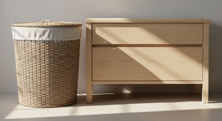 Minimalist light wood dresser and wicker laundry basket in sunlit room