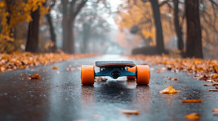Electric skateboard on wet autumnal path (1)