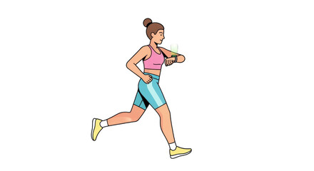 Woman running while looking at her smartwatch during outdoor exercise.