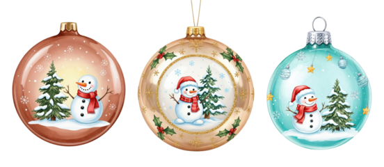 Watercolor Christmas Ornaments with Snowmen and Pine Trees in Snowy Winter Scenes on transparent background
