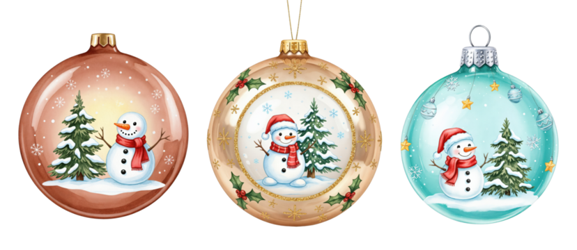 Watercolor Christmas Ornaments with Snowmen and Pine Trees in Snowy Winter Scenes on transparent background