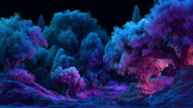 Dense forest landscape illuminated by vibrant neon blue and magenta light sources