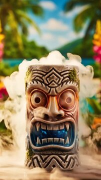 Tiki Mug with Intricate Carvings Exuding Vapor Against Tropical Backdrop with Palm Trees and Blurred Ocean