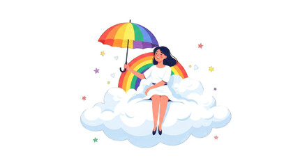 Woman sitting on cloud with rainbow umbrella and arc.