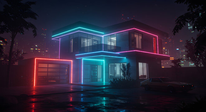 Stunning futuristic house with neon lights at night, modern architecture, vibrant city skyline and retro car