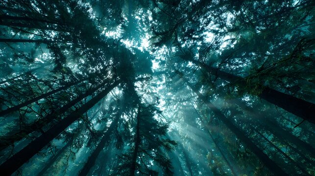Tall evergreen trees form a dense canopy penetrated by dramatic rays of sunlight from above.