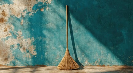 Rustic broom against teal wall