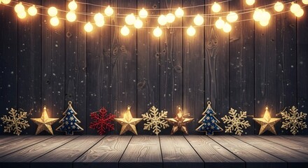 Christmas decorations on wooden table with string lights background for festive season