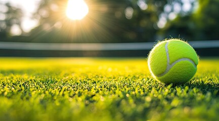Tennis ball on grass court, sunlit