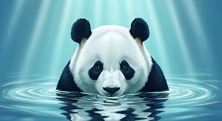 Panda bear emerging from water with light rays in a dreamlike setting